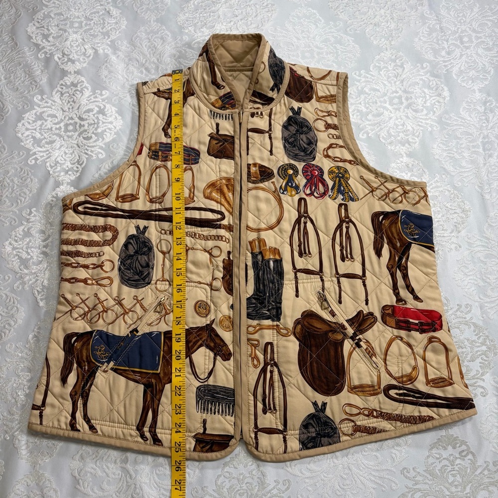 Ralph Lauren Silk Blend Equestrian Print Quilted Vest Reversible Beige Size 1X - Picture 7 of 13